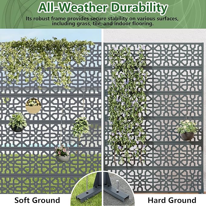Casaphoria Metal Privacy Screen Outdoor, 72" H x 47" W Freestanding Decorative Privacy Screen for Patio Deck Balcony Garden with Stable Base, Drakgrey-Perilla