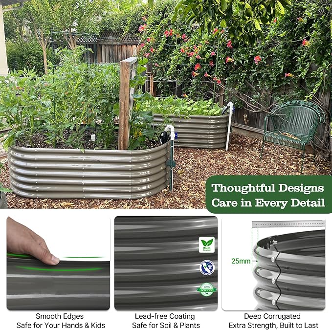 A ANLEOLIFE 6X3X2 ft Galvanized Raised Garden Beds Outdoor, Oval Large Metal Deep Root Planter Box for Planting Vegetables Flowers Herb, Anti-Rust & Easy-Setup, Quartz Grey