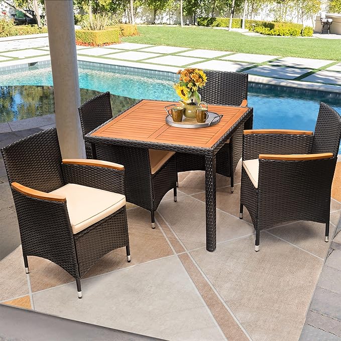 Flamaker 5 Piece Patio Dining Set Outdoor Acacia Wood Table and Chairs with Soft Cushions Wicker Patio Furniture for Deck, Backyard, Garden