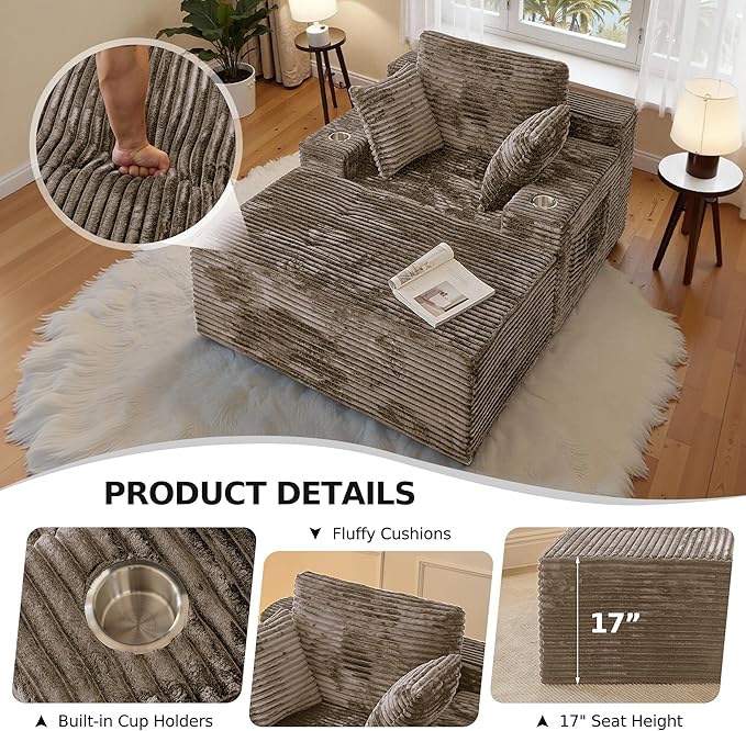CHORRO67 Chaise Lounge Chair Indoor,Oversized Boneless Single Sleeeper Couch Bed,Corduroy Cloud Sofa with 3 Soft Pillows for Livingroom,Bedroom,No Assembly,(Khaki)
