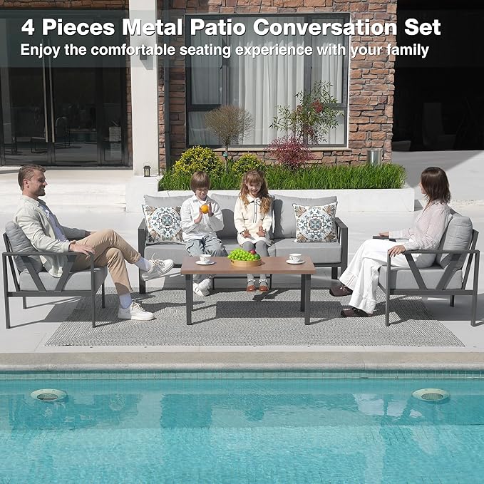 Outdoor Patio Furniture Set, 4 Pieces Metal Patio Furniture Set with Coffee Table, Modern Outdoor Patio Conversation Seating Set with 6” Thick Cushions, Light Grey