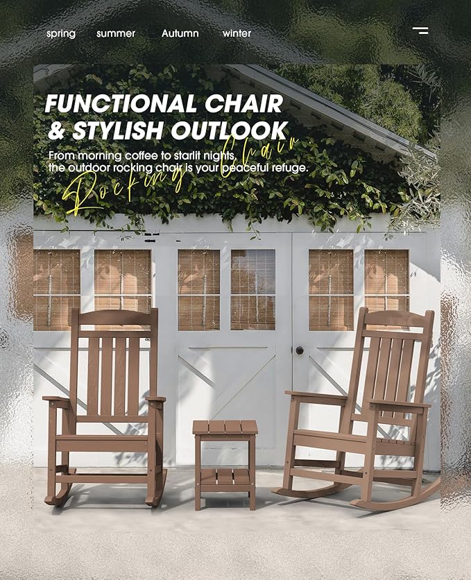 KINGYES HDPE Rocking Chairs Outdoor, Patio Rocking Chairs with 330lbs Support, Smooth Porch Rocker for Deck Lawn Yard, Brown