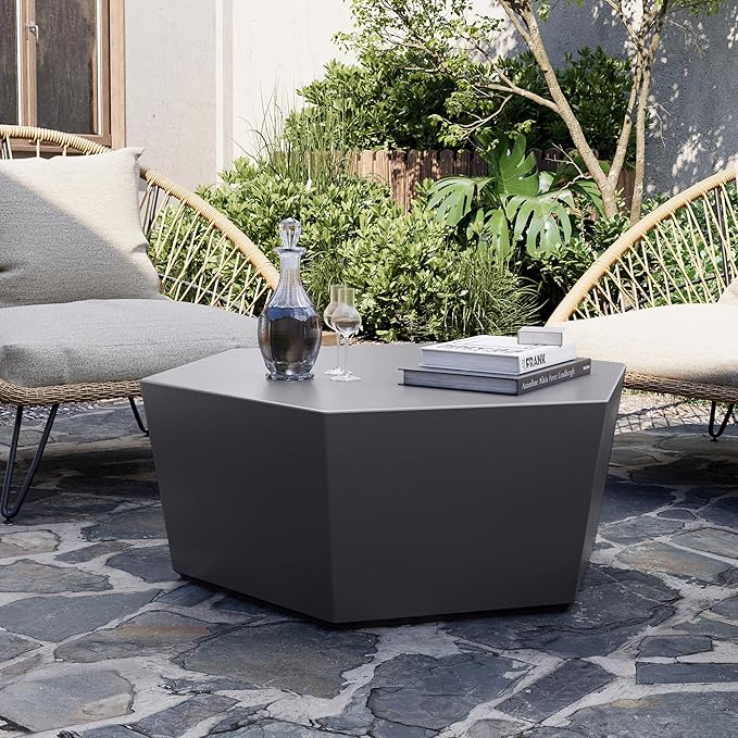 UPHA Outdoor Hexagon Coffee Table, Small Modern Minimalist Accent Tables, Low Light Concrete Center Table for Living Room, Outside Patio, Deck, 35×30.7×15, Dark Gray