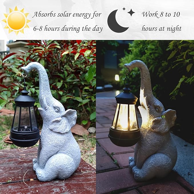 Elephant Solar Garden Statues,Resin Elephant Figurine Decorations with Solar Lights Lantern, Outdoor Figurines Lawn Garden Statue Decor Art for Lawn,Yard, Balcony Ornament.