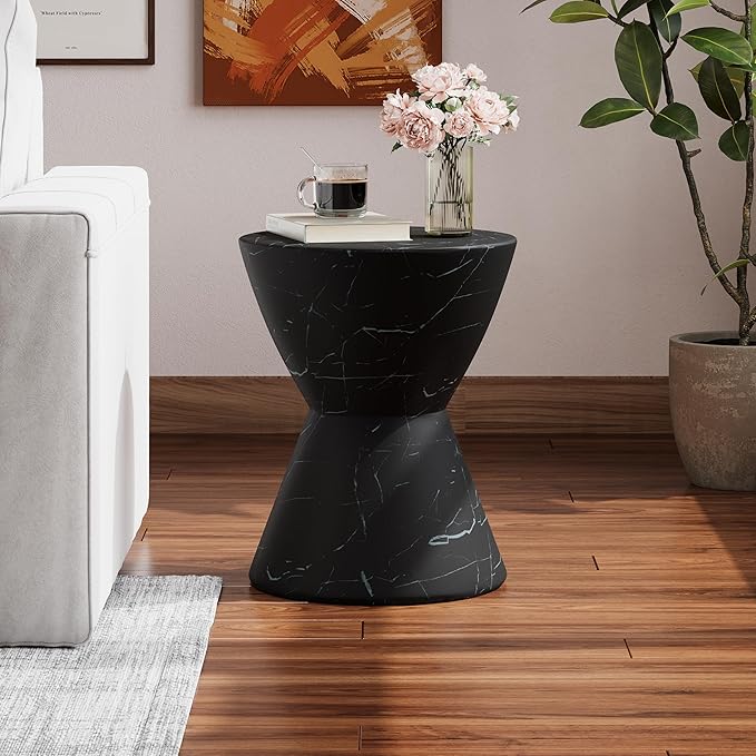 Christopher Knight Home Outdoor Side Table,Hourglass Shape Side Table,Patio Garden Stool Coffee End Table,Decorative Garden Stool for Patio,or Balcony,Lightweight Concrete Material,Black Marble