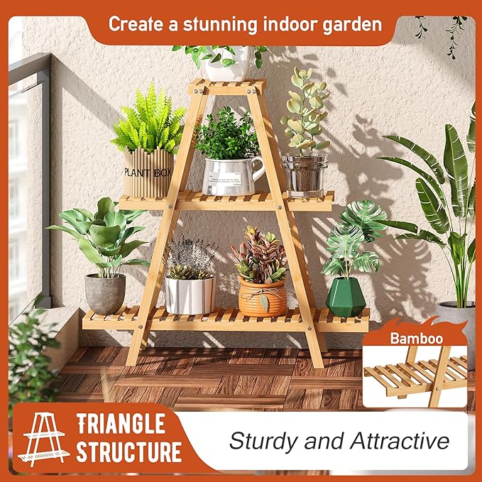 GHWIE Plant Stand Indoor Plant Shelf Outdoor bamboo Plant Rack, 3 Tiers Ladder Plant Holder Flower Stand for Living Room Balcony Garden Patio,Living Room Boho Home Decor for Gardening Gifts (Natural)