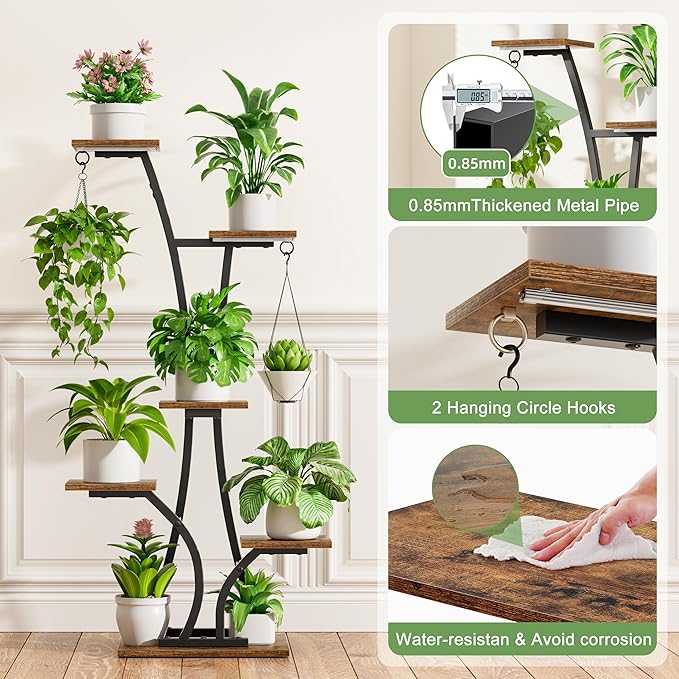 Plant Stand with Grow Light for Indoor Plants, 6 Tiered Metal Plant Shelf, 45" Indoor Plant Rack with 7 Shelves and 2 Hooks, Modern Corner Plant Holder for Living Room Balcony Bedroom, Black