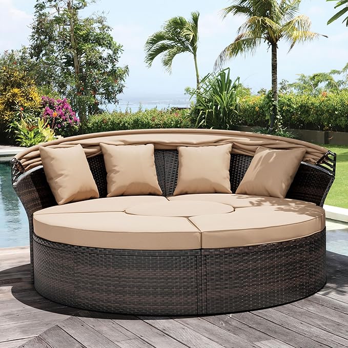 Crownland Outdoor Daybed with Retractable Canopy, Patio Round Daybed with Washable Cushions, Clamshell Sectional Seating, Wicker Furniture for Backyard, Patio, Garden, Pool (Light Brown)