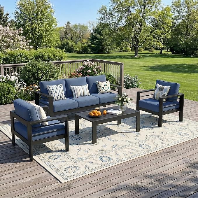 Solaste Aluminum Outdoor Patio Furniture Set, 5 Seats Patio Sectional Sofa with 5" Thick Cushion, Outdoor Patio Set with Coffee Table for Porch, Backyard, Deck, Yard, Blue