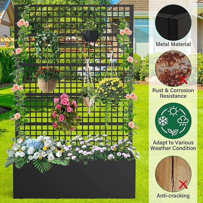 Metal Planter Box with Trellis 47" L x 16" W x 72" H, Raised Garden Bed with Privacy Screen, Privacy Planters for Climbing Plants, Flowers, Vegetables, Fruits
