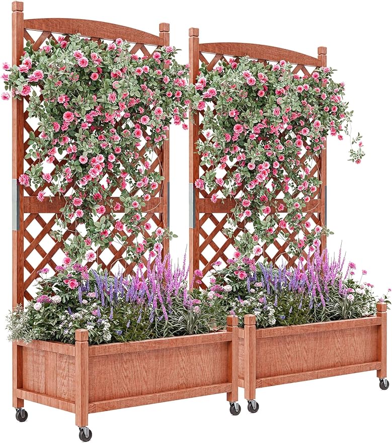 GarveeLife 2-Pack Tall Wood Planter Box with Trellis, 61.5" H Raised Garden Bed on Wheels, Vertical Stand Planter with Drainage Holes for Patio, Balcony & Outdoor Garden