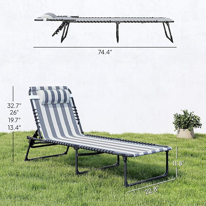 Outsunny Folding Chaise Lounge Chair, Patio Sun Tanning Chair, Outdoor Chaise Lounger with 4-Position Reclining Back, Breathable Mesh Seat for Beach, Poolside, Yard, Blue and White