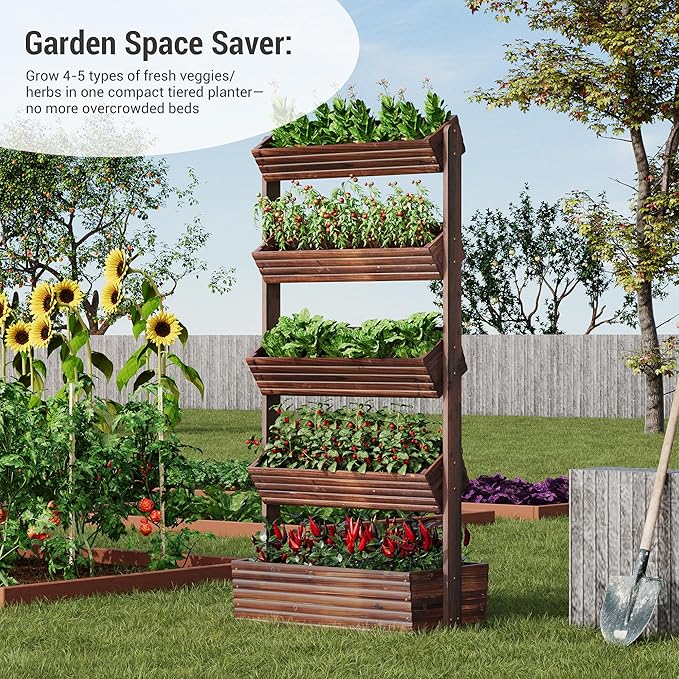 Vertical Wooden Raised Garden Bed Planters Wood Planter Kit Plant Stand Flower Rack Planter Box Gardening Plants Herbs Flowers Vegetables Outdoor Indoor Freestanding (Carbonized 5-Tier)