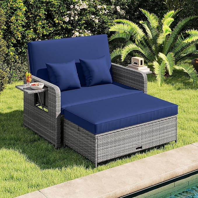 Tangkula Patio Rattan Daybed with 4-Level Adjustable Backrest, Outdoor PE Wicker Loveseat with Storage Ottoman & Folding Side Table, Double Sunbed for Balcony, Backyard & Poolside, Navy & Grey