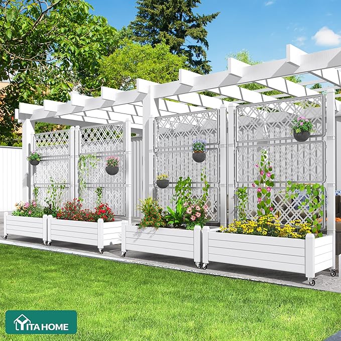 YITAHOME 43.3x17.7x61 in Planter Trellis Box with Wheels & Drain Plug, Outdoor Resin Raised Garden Bed for Climbing Plants, Large Weather-Resistant Design, Grayish-White