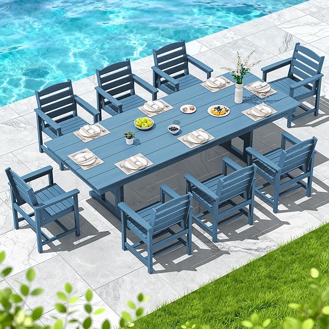 SERWALL 9 Piece Outdoor Dining Set, 84" HDPE Outdoor Table and Chairs for 8，All Weather Patio Furniture Set with Umbrella Hole for Backyard, Garden, Blue