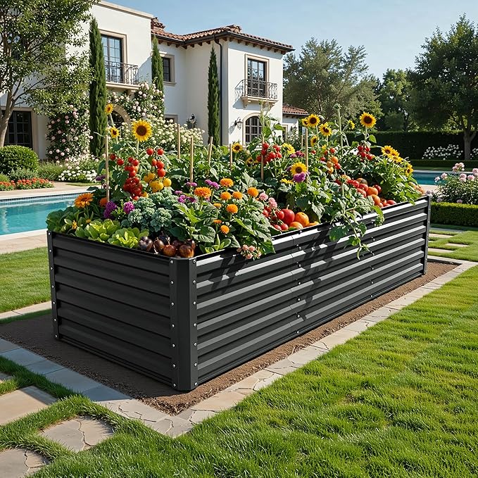 YITAHOME 8x4x2ft 2pcs Large Raised Garden Bed, Galvanized Metal Planter Box with Gloves, Ground Nails, Support Rod & Safety Rubber, Outdoor Above Ground Planters for Plants Vegetables Flowers, Black