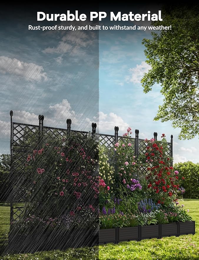 7 PCS Raised Garden Bed with Trellis, 114" LX16 WX63 H Plastic Planter Box for Climbing Plants, Outdoor Vertical Garden with Privacy Screen for Patio, Balcony, Backyard – Sturdy & Lightweight