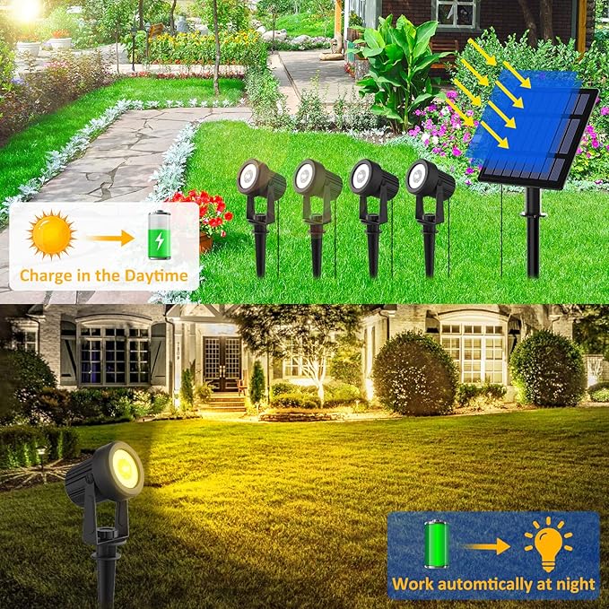 T-SUNUS Solar Christmas Spotlight Outdoor Warm White 3000K, 4-in-1 Spot Lights IP65 Waterproof 9.8ft Cable 5W Separated Panel, Auto On/Off for Garden Flag Tree Patio Yard Driveway Pathway Halloween