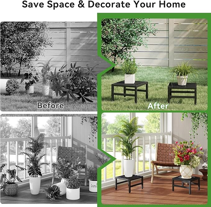 IBUYKE 2 Pack Metal Plant Stand Indoor Outdoor, Heavy Duty Small Flower Pot Stand, Modern Square Plant Shelf Flower Stand for Living Room Patio Balcony Garden, Black TMJ075B-2