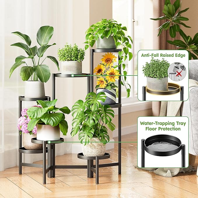 7 Tiered Metal Corner Plant Stand Indoor Outdoor, Tall Large Folding Rack with Rust Proof 7.9 Inch Wide Tray, Heavy Duty Flower Shelf for Multiple Plants for Patio - BlackDisk