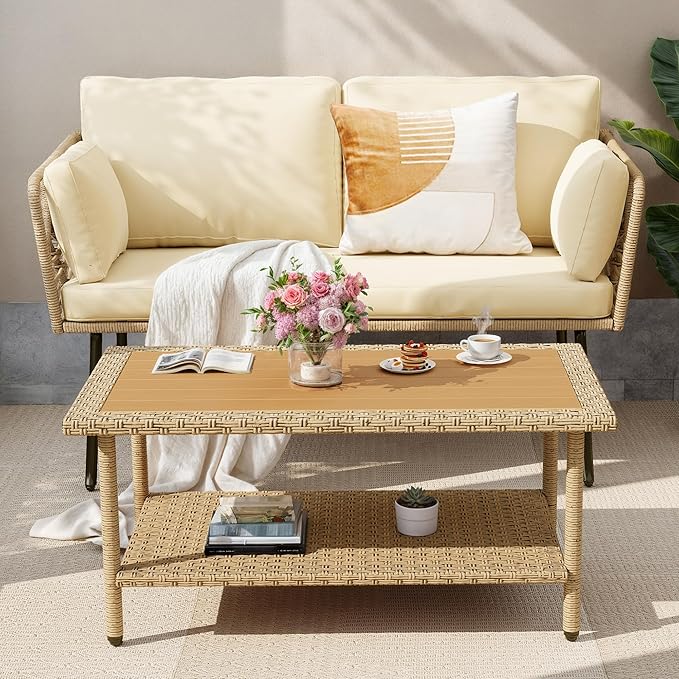 DWVO 2-Piece Patio Set, Wicker Loveseat with Plush Cushions & Rattan Side Table, All-Weather Outdoor Conversation Furniture for Balcony, Deck, Backyard, Poolside