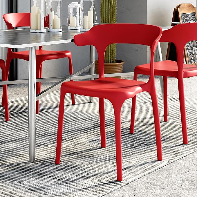 VECELO 4 Pack Plastic Stacking Chairs, Stackable Dining Chairs for Kitchen Restaurant Patio, Portable Indoor Outdoor Use, No Assembly Required, Red
