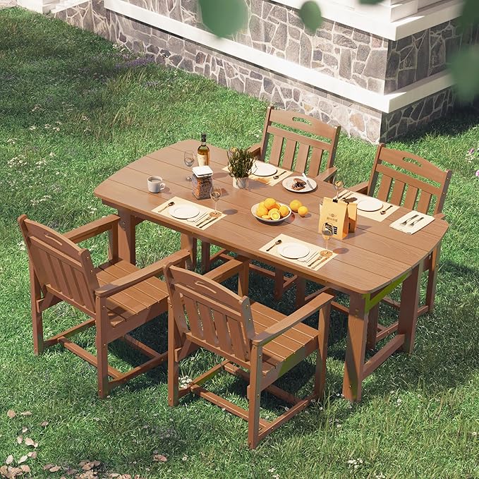 5-Piece Outdoor Dining Furniture Set with Chairs, All-Weather HDPE Patio Table and 4 Chairs, Umbrella Hole, for Garden Backyard or Deck - Teak
