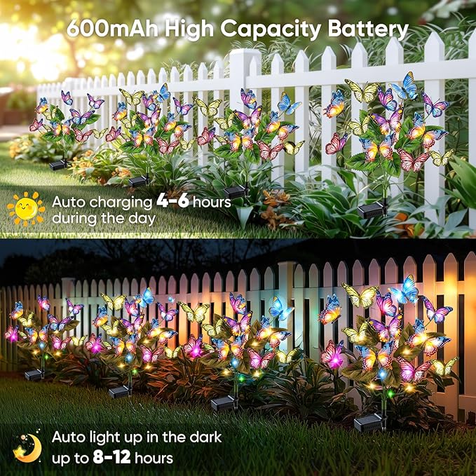 Solar Lights Outdoor Garden Decor: 6 Pack 102 Silk Butterflies with 132 Color-Changing LEDs - Auto On/Off 12H Magical Lighting IP65 Waterproof for Yard Patio Pathway - Unique Gifts for Mom Grandma