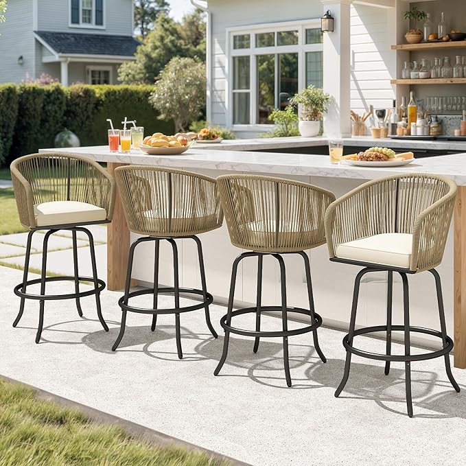 DWVO Outdoor Counter Height Bar Stools Set of 4, Patio Swivel Bar Chairs with Soft Cushions, 360° Rotation, Bar Height Rattan Chairs for Backyard, Poolside, Garden, Beige