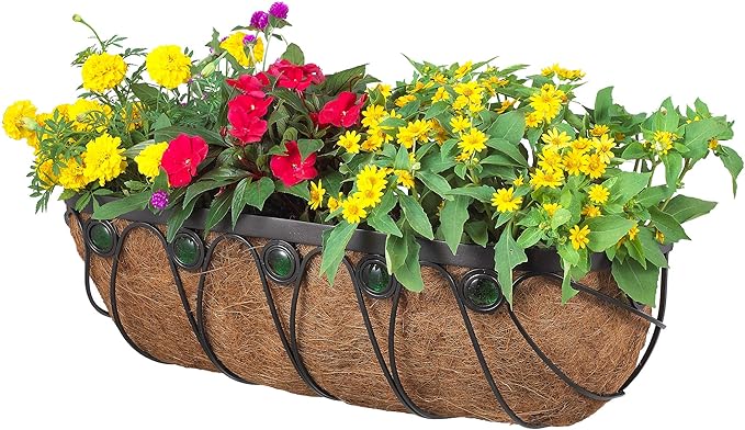 Arcadia Garden Products Hanging Window Basket Metal Trough Flower Planter with Coco Liner for Outdoor Windowsill, Railing, Patio, Garden, Balcony, Fence, 48-inch