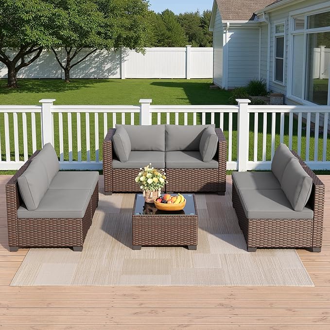 7 Pieces Outdoor Patio Furniture Set, PE Rattan Outdoor Wicker Sectional Furniture Sofa Set, with Cushions and Glass Coffee Table, for Balcony, Porch, Garden, Grey