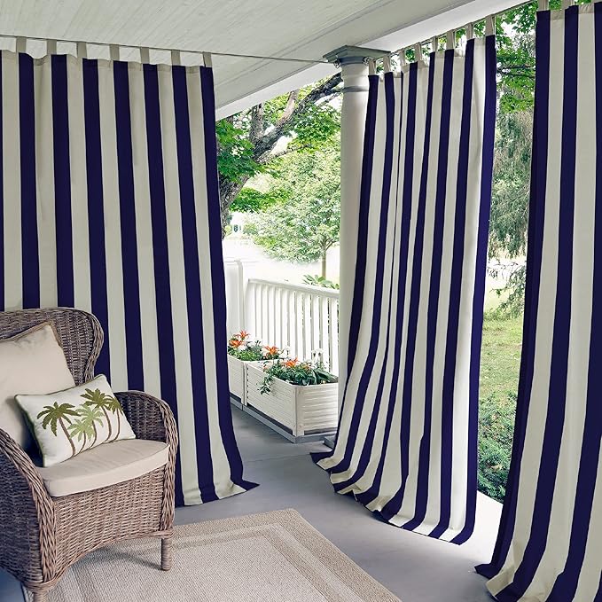 Elrene Home Fashions Highland Stripe Indoor/Outdoor Curtain Panel, 50 inches X 84 inches, Navy