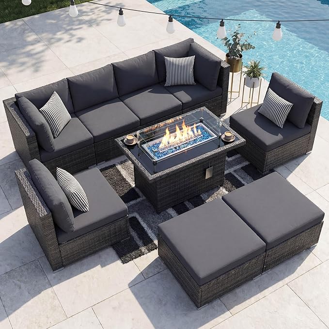 NICESOUL 8 Seater Outdoor Patio Furniture Sectional Sets with Firepits Table Natural Gas Propane, 29.3'' High Back Comfy Wicker Conversation, 9 Piece Deep Wide Modern Modular Sofa for Backyard, Grey