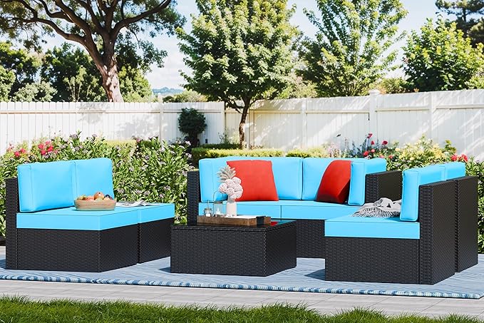 Vongrasig 7 Pieces Outdoor Patio Furniture Sets, Outdoor Sectional Rattan Sofa, PE Manual Weaving Wicker Patio Conversation Set with Cushion, Glass Table, Red Pillow (Blue)