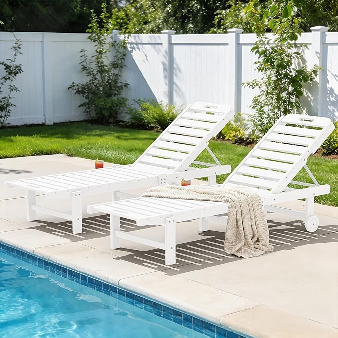 SERWALL Outdoor Chaise Lounge Set of 2, All-Weather HDPE Pool Lounge Chairs with 5-Position Adjustable Reclining Backrest, Rolling Wheels & Cup Holder for Poolside, White