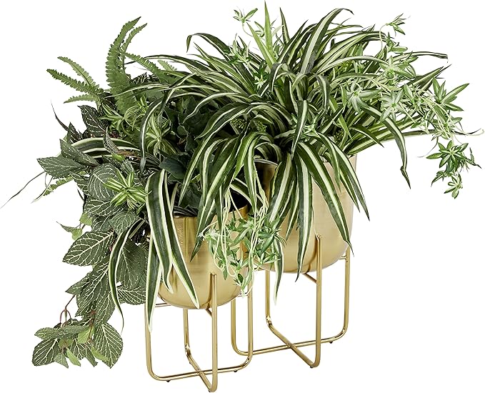 Deco 79 Metal Indoor Outdoor Planter Brushed Dome Large Planter Pot with Curved X-Shaped Bases, Set of 2 Planters 16", 13"H, Gold