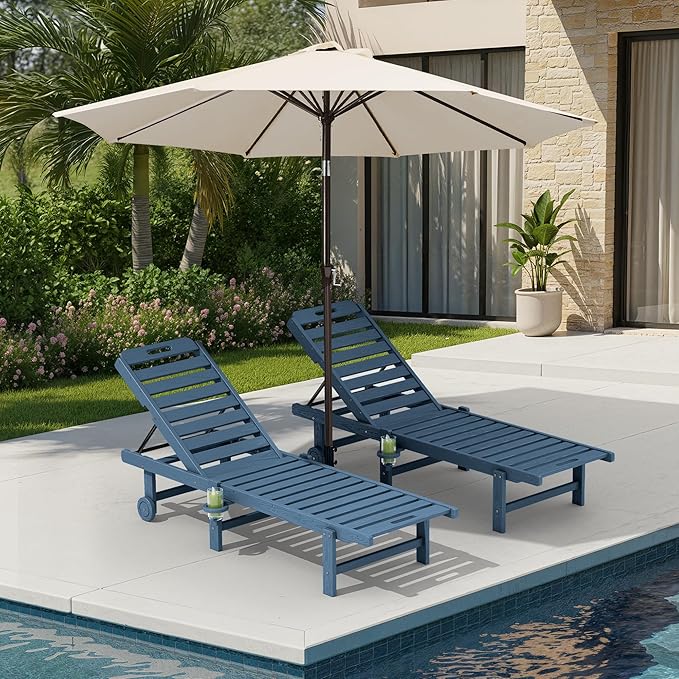 SERWALL Outdoor Chaise Lounge Set of 2 with 9FT Umbrella, HDPE Pool Lounge Chair with 5-Position Adjustable Backrest, Patio Lounger with Rolling Wheels & Cup Holder for Pool, Navy