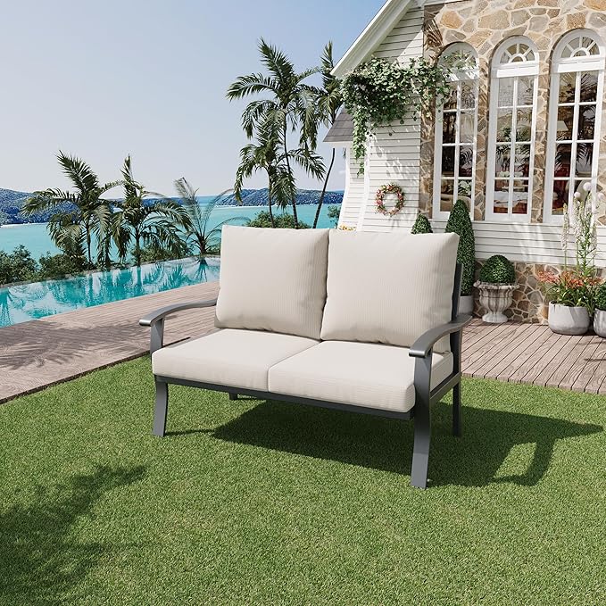 HOMREST Outdoor Loveseat Aluminum Patio Furniture Sofa, All-Weather Metal Outdoor Couch with Cushions, Beige