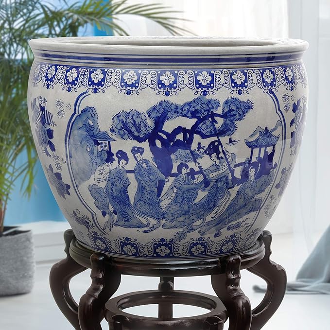 Red Lantern 14" Ladies Blue & White Porcelain Fishbowl
