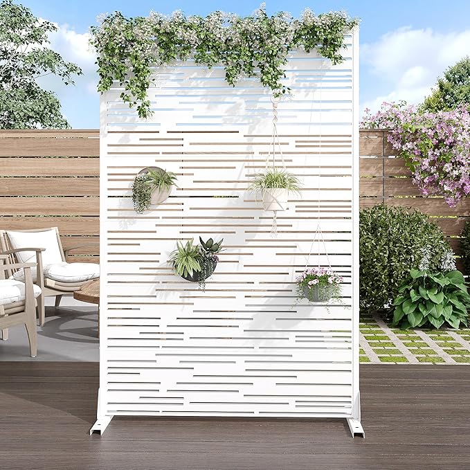 Casaphoria Metal Privacy Screen Outdoor, 72" H x 47" W Freestanding Decorative Privacy Screen for Patio Deck Balcony Garden with Stable Base, White-Shine