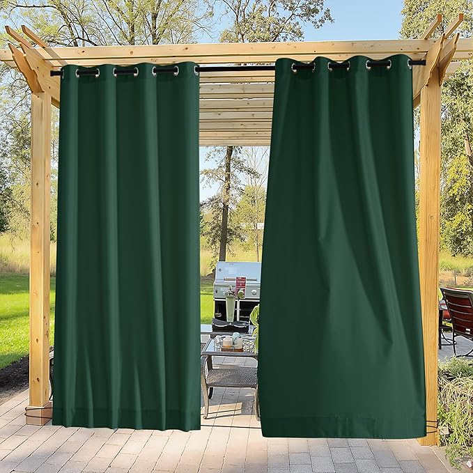 NICETOWN Canvas Outdoor Curtains for Christmas 2 Panels, Dark Green, W52 x L84 per Panel - Waterproof & Windproof Sun Shades with Grommet & Back Tab & Rod Pocket, Free Rope for Bottom Fixing