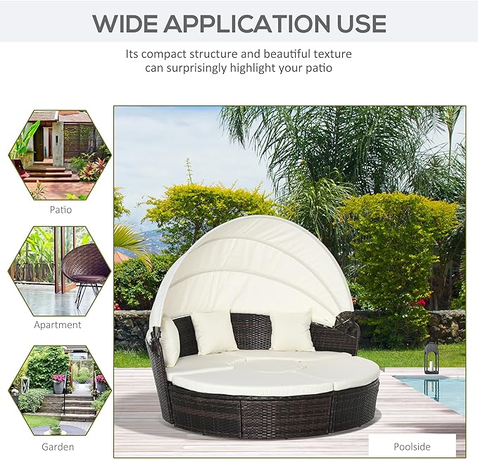 Outsunny 4-Piece Round Convertible Daybed with Cushions, Outdoor PE Rattan Patio Wicker Sofa Set, Sunbed with Adjustable Sun Canopy, Sectional Sofa, 2 Chairs, Table, 3 Pillows, Cream White