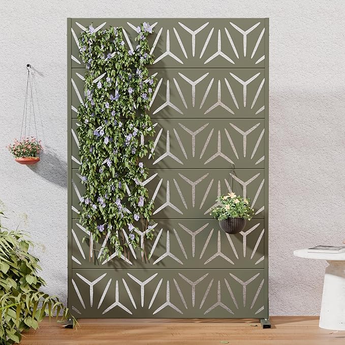 Casaphoria Metal Privacy Screen Outdoor, 72" H x 47" W Freestanding Decorative Privacy Screen for Patio Deck Balcony Garden with Stable Base, Green-Star
