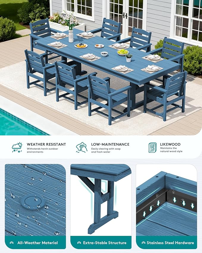 SERWALL 9 Piece Outdoor Dining Set, 84" HDPE Outdoor Table and Chairs for 8，All Weather Patio Furniture Set with Umbrella Hole for Backyard, Garden, Blue