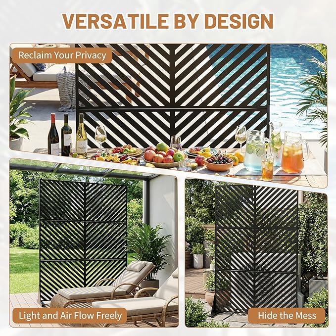 VINGLI Privacy Fence Panels, 72H’’ x 47W’’ Metal Privacy Screen Freestanding, Decorative Privacy Panels for Patio Garden Pool, Outdoor & Indoor (Diagonal Stripe)
