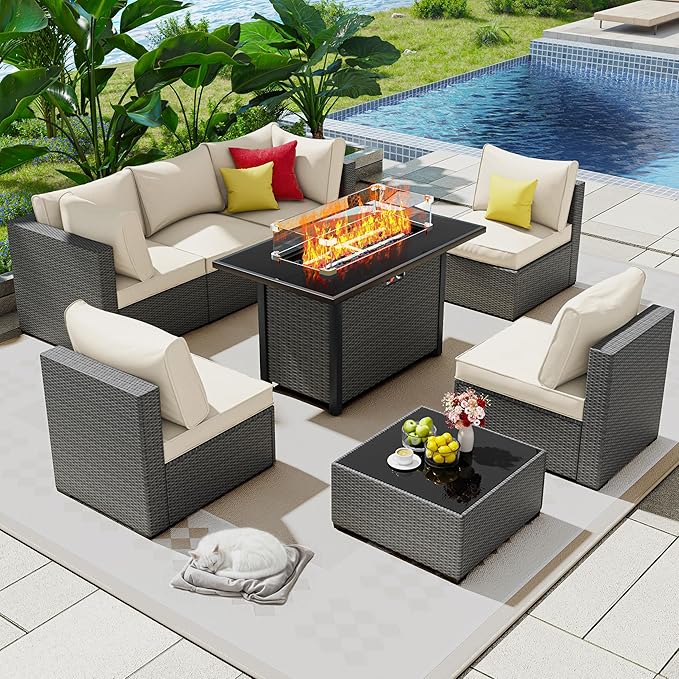 Outdoor Patio Furniture Set with 43'' Fire Pit Table, 8 Pcs Outdoor Patio Furniture Conversation Sets with 4in Thicken Cushion, Wicker Outdoor Sectional for Backyard, Garden, Balcony,Deck,Coffee/Beige