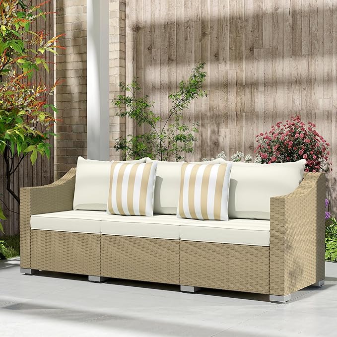 Outsunny 3 Seater Patio Sofa, Wicker Sofa with Cushions, Outdoor Furniture Rattan Couch with 2 Throw Pillows, Deep Seating, for Garden, Backyard, Porch, Cream White