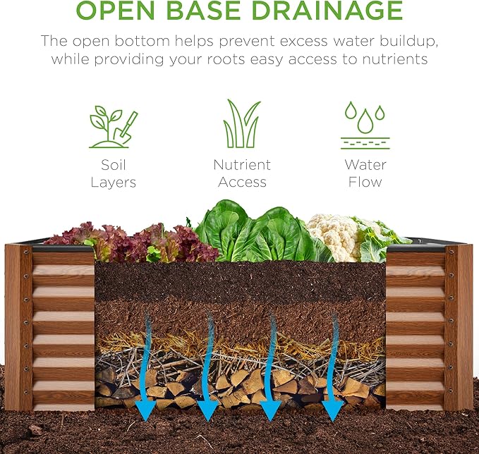 Best Choice Products 4x2x2ft Outdoor Metal Raised Garden Bed, Deep Root Box Planter for Vegetables, Flowers, Herbs, 119 Gallon Capacity, 100% Non Toxic Materials - Wood Grain