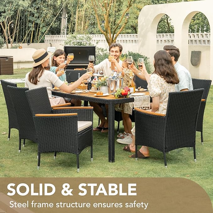 Devoko Outdoor Patio Dining Sets 9 Pieces Wicker Outdoor Dining Table and Chairs Set with Acacia Wood Table Top and Widened Armrests for Backyard, Garden, Deck (Black)